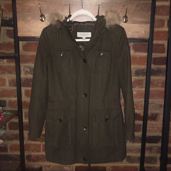 Marc New York Army Green Wool Jacket w/ Fur Hood - Sz 2 - Picture 2 of 14